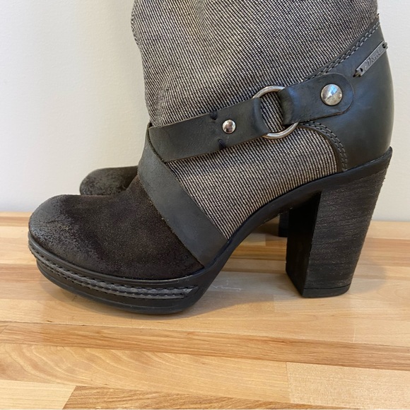 Western Diesel heeled platform boot distressed leather black grey denim harness - Picture 2 of 16